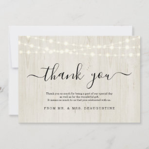 Simple Rustic Fairy Lights on Light Wood Thank You Card