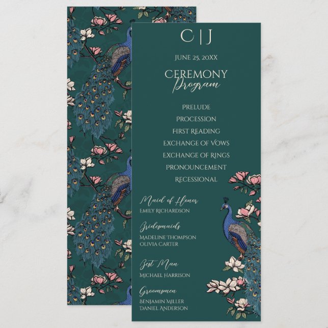 Simple Rustic Floral Peacock Wedding Program Card (Front/Back)