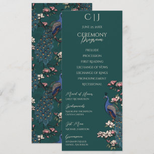 Simple Rustic Floral Peacock Wedding Program Card