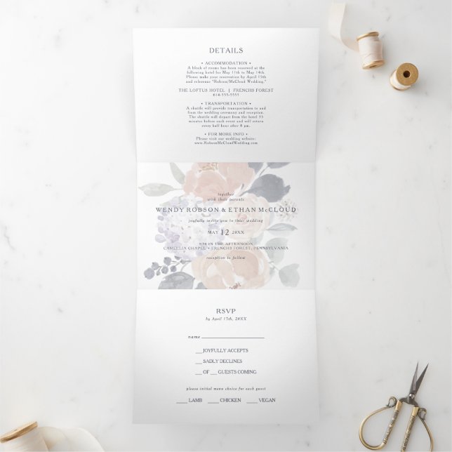 Simple Rustic Floral Wedding All In One Tri-fold Invitation (Inside)