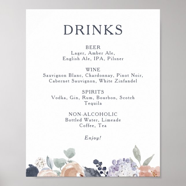 Simple Rustic Floral Wedding Drinks Menu Sign (Front)