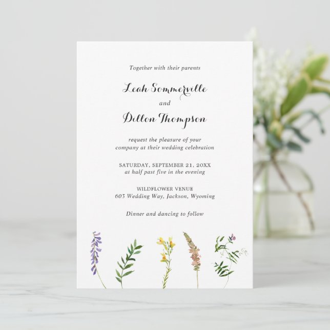 Simple Rustic Floral Wildflower Elegant Wedding Invitation (Standing Front)