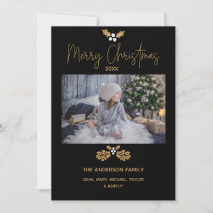 Simple Rustic Gold and Black Photo Merry Christmas Holiday Card