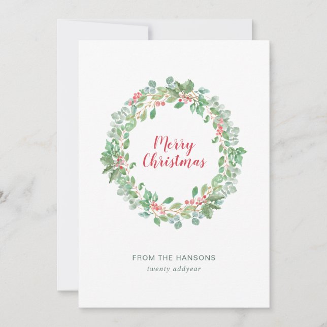 Simple Rustic Greenery Wreath Merry Christmas Holiday Card (Front)
