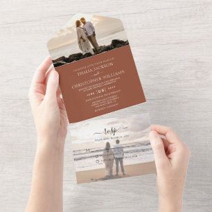 Simple Rustic Light Brown 2 Photo RSVP Wedding All In One Invitation