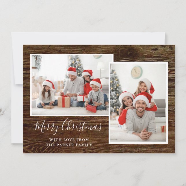 Simple Rustic Look Three Photo Merry Christmas Holiday Card (Front)