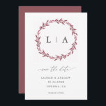 Simple Rustic Mauve Modern Greenery Save The Date<br><div class="desc">Beautiful,  simple,  rustic wedding save the date with mauve-cranberry wreath and initials. Fully customisable with names,  dates,  location and colours to match your wedding theme.</div>