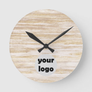 Simple Rustic Natural Beige Wood with Logo Round Clock