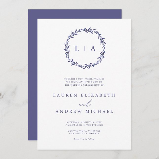 Simple Rustic Purple Modern Greenery Wedding Invitation (Front/Back)