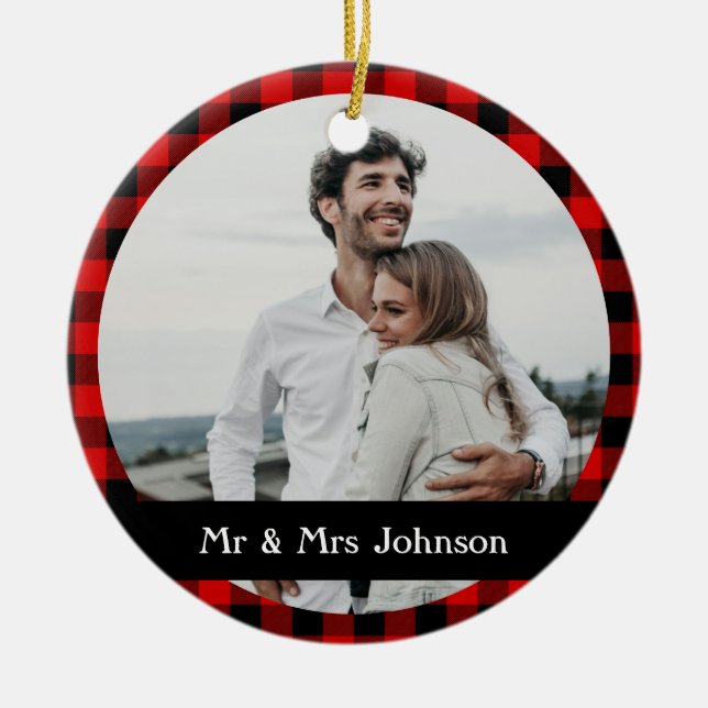Simple Rustic Red Black Buffalo Plaid Photo Ceramic Tree Decoration (Front)