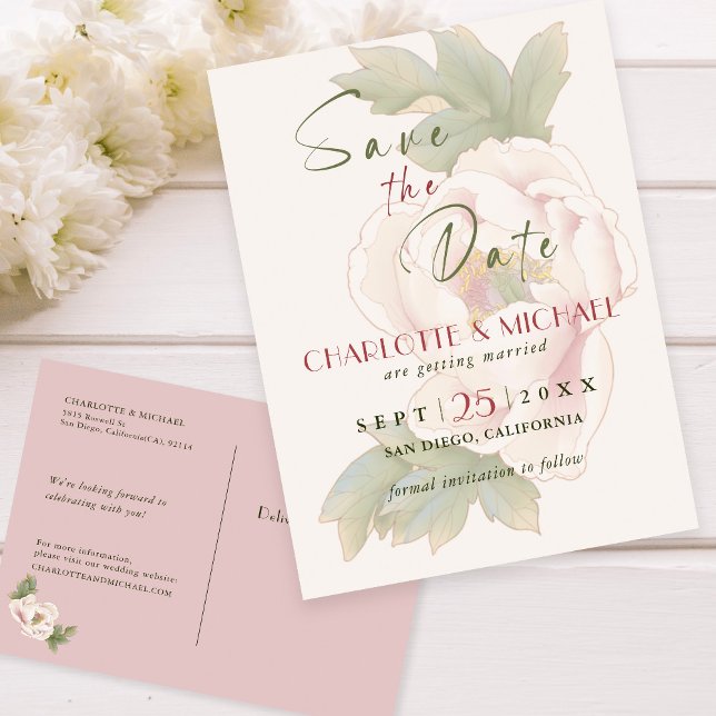 Simple Rustic Save the Date Blush Peony Wedding  Postcard (Creator Uploaded)