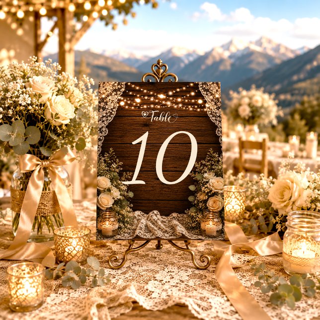 Simple Rustic String Lights Wood Lace Wedding Table Number (Creator Uploaded)