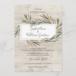 Simple Rustic Wedding White Wood & Watercolor Herb Invitation