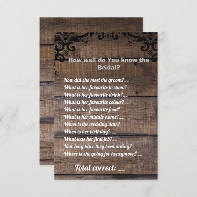 Simple Rustic Wood Bridal Shower Game Invitation (Front/Back)