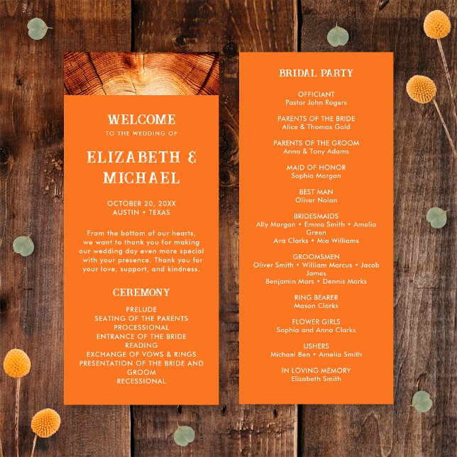 Simple Rustic Wood Cut Slice Wedding Bridal Party Programme (Front/Back)
