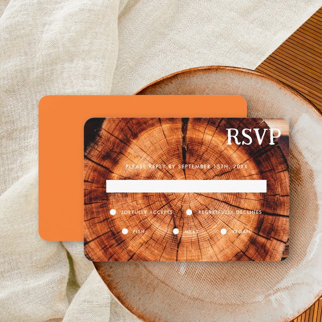 Simple Rustic Wood Cut Slice Wood Grain Wedding RSVP Card (Creator Uploaded)