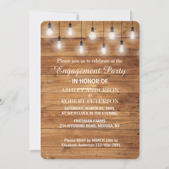 Simple Rustic Wood  Lights Engagement Party Invitation (Front)