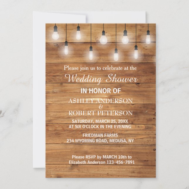 Simple Rustic Wood  Lights Wedding Shower Invitation (Front)