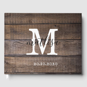 Simple Rustic Wood Monogram Script Initial Guest Book