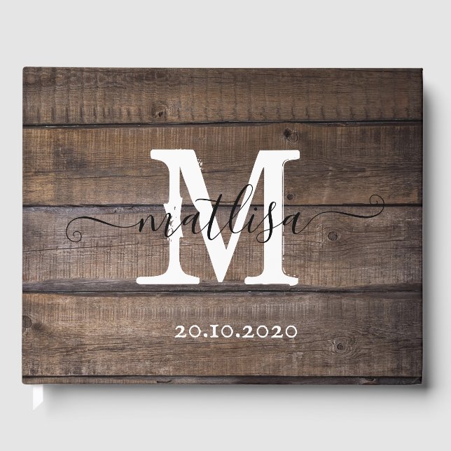 Simple Rustic Wood Monogram Script Initial  Guest Book (Front)