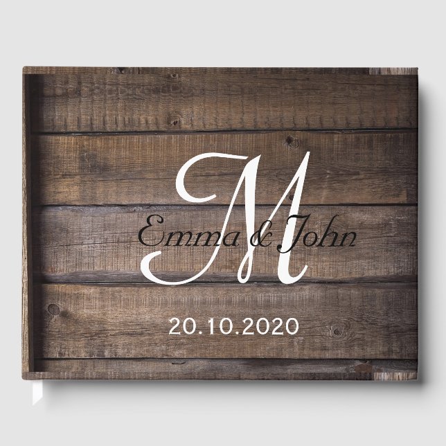 Simple Rustic Wood Monogram Wedding Guest Book (Front)