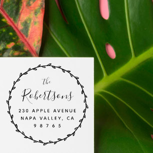 Simple Rustic Wreath & Family Name Return Address Rubber Stamp