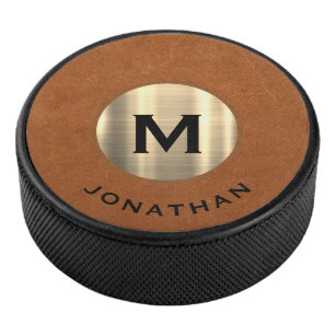 Simple Sable Gold Classic Monogram Name Hockey Puck
