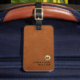 Simple Sable Leather Gold Monogram Luggage Tag