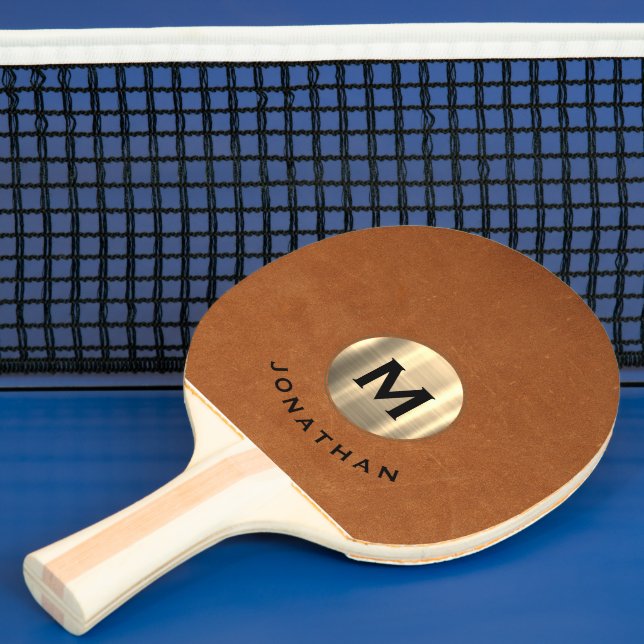 Simple Sable Leather Gold Monogram Ping Pong Paddle (Insitu)