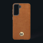 Simple Sable Leather Gold Monogram Samsung Galaxy Case<br><div class="desc">Simple monogrammed phone case features a modern design with brushed metallic gold monogram emblem on sable brown leather look textured background. </div>