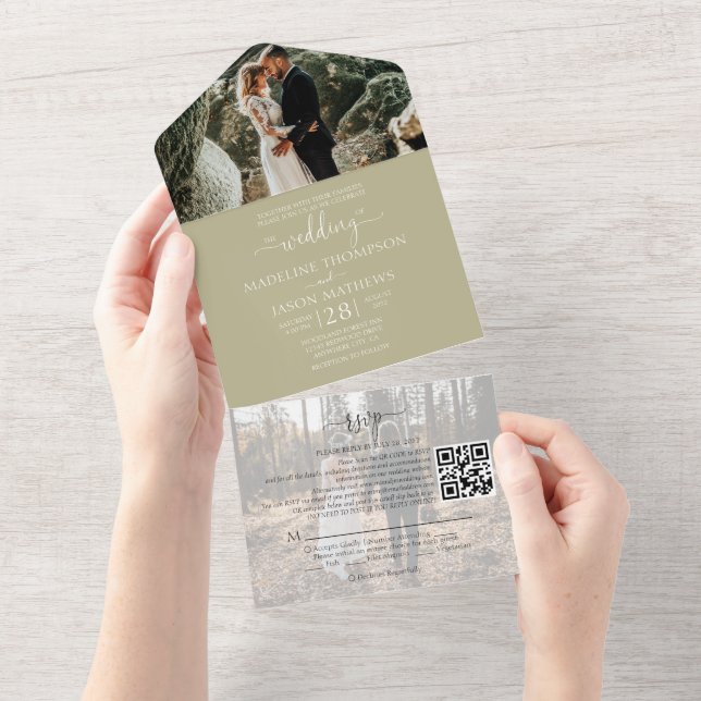 Simple Sage Green 2 Photo QR Code RSVP Wedding All In One Invitation (Tearaway)
