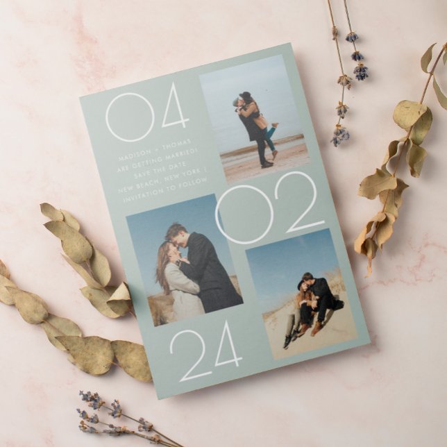 Simple Sage Green 3 Photo Wedding Save The Date Magnetic Invitation (Creator Uploaded)