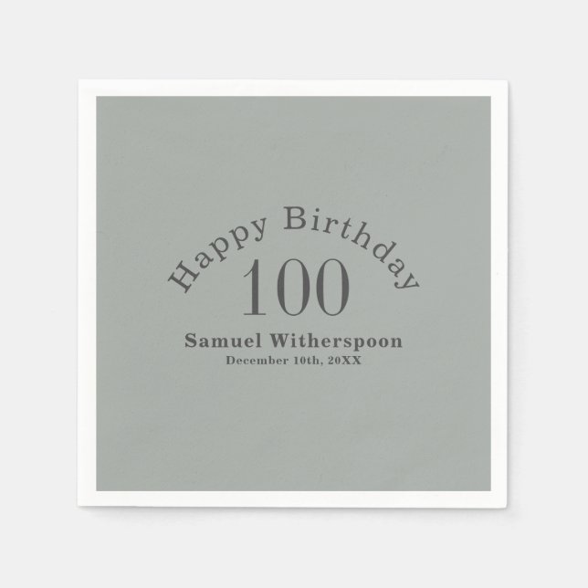 Simple Sage Green and Charcoal Grey 100th Birthday Napkin (Front)