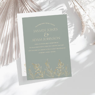 Simple Sage Green and Gold Leaves Wedding Invitation