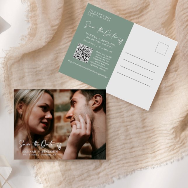 Simple Sage Green Boho Save the Date QR Code Photo Postcard (Creator Uploaded)