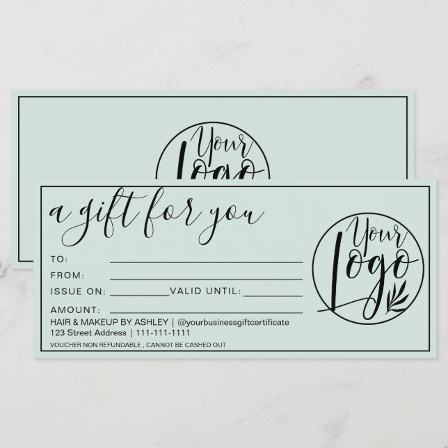 Simple sage green border gift certificate logo (Front/Back)