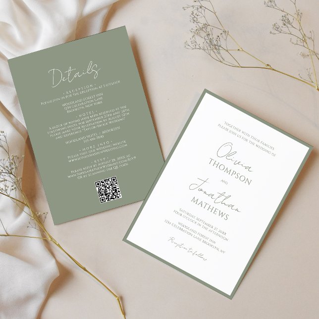 Simple Sage Green Border Script QR Code Wedding Invitation (Creator Uploaded)