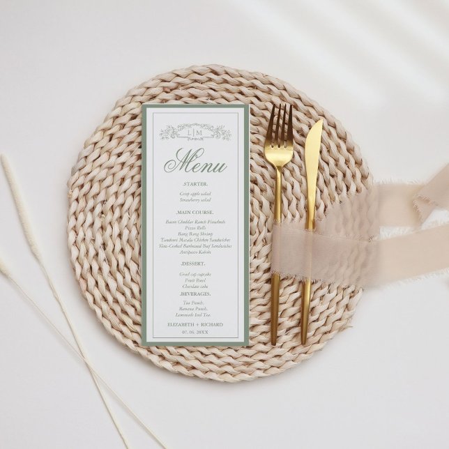 Simple Sage Green botanical crest monogram wedding Menu (Creator Uploaded)