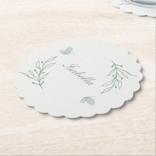 Simple sage green botanical wedding paper coaster