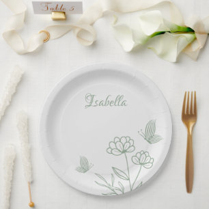 Simple sage green botanical wedding  paper plate