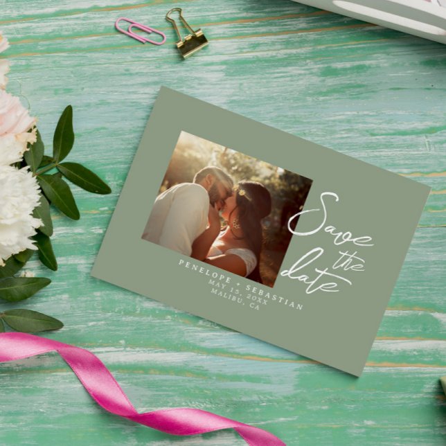 Simple Sage Green Calligraphy Boho Photo Wedding Save The Date (Creator Uploaded)