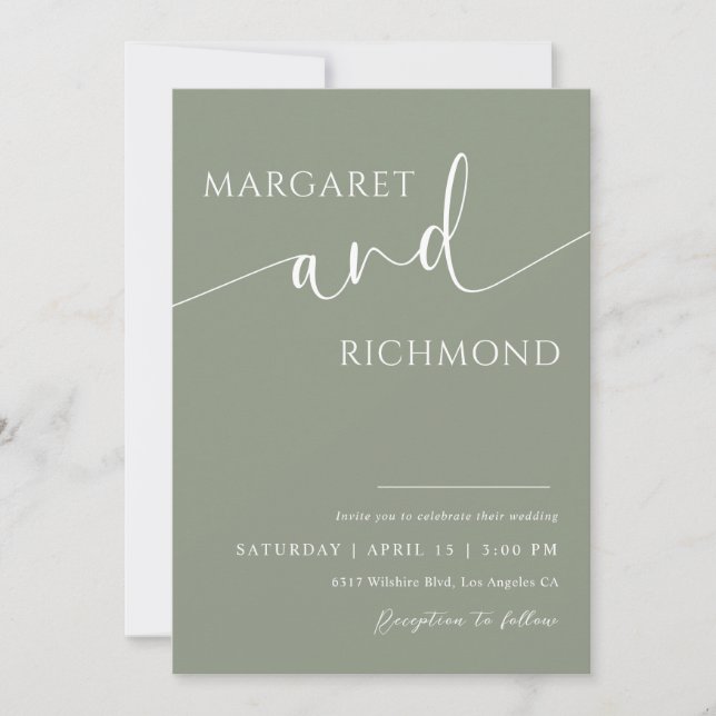 Simple Sage Green Calligraphy Minimalist Wedding Invitation (Front)