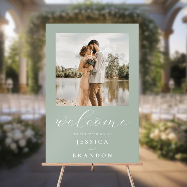 Simple Sage Green Chic Photo Wedding Welcome Acrylic Sign (Creator Uploaded)