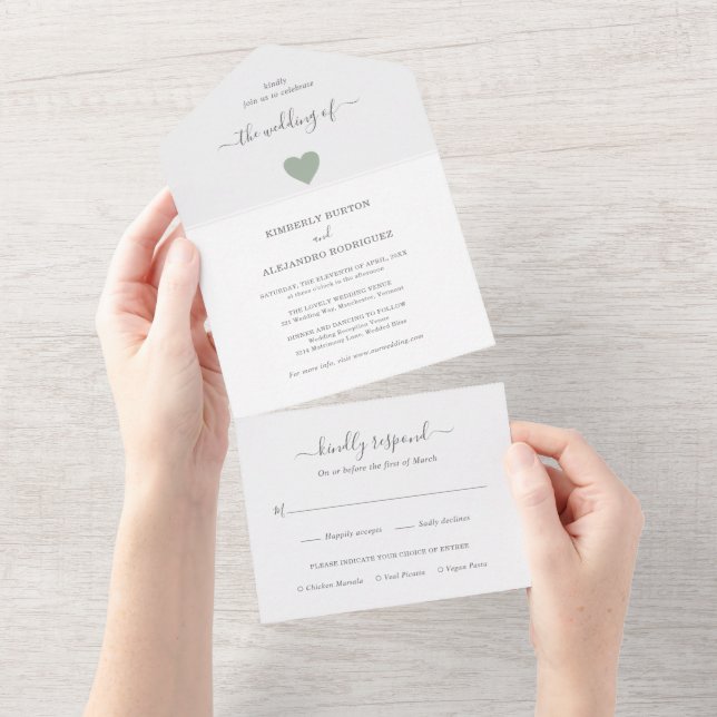 Simple Sage Green Cute Heart Modern Wedding All In One Invitation (Tearaway)