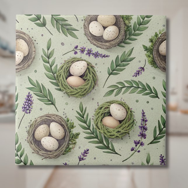 Simple Sage Green Easter Eggs Lavender Nest Tile (Creator Uploaded)