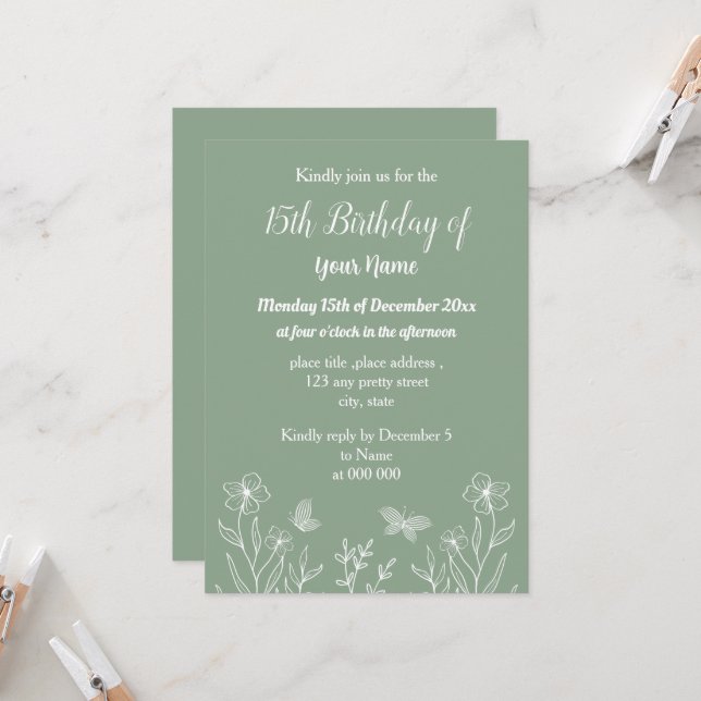 Simple sage green floral birthday invitation (Front/Back In Situ)