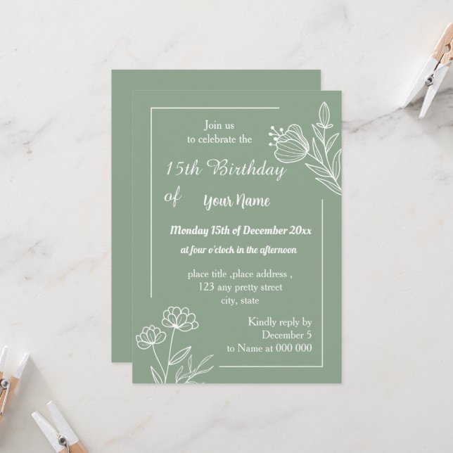 Simple sage green floral birthday invitation (Front/Back In Situ)