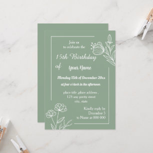 Simple sage green floral birthday invitation