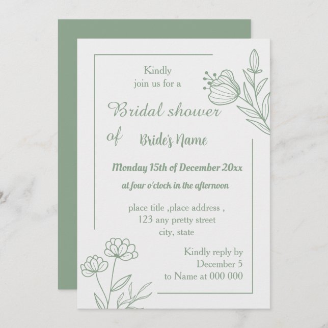 simple sage green floral  bridal shower invitation (Front/Back)