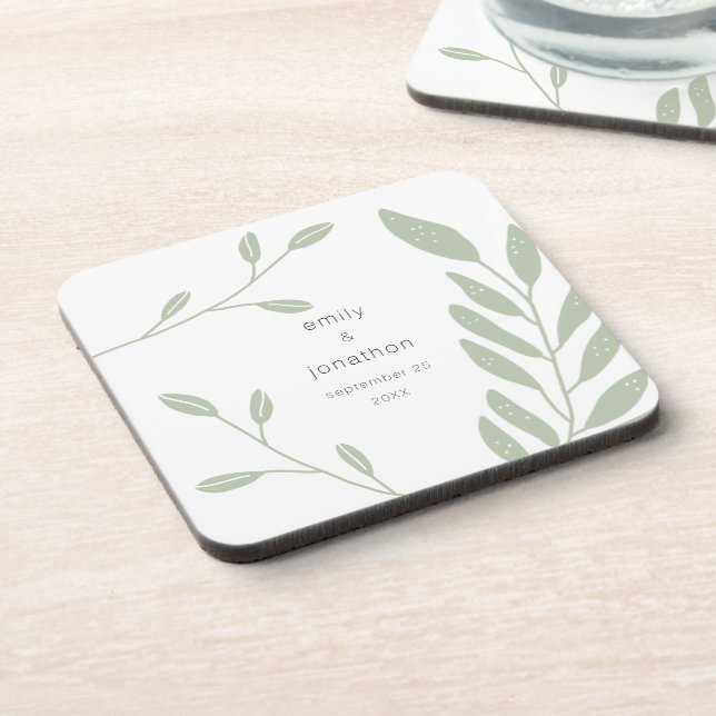 Simple Sage Green Foliage Names Date Wedding Favou Coaster (Left Side)